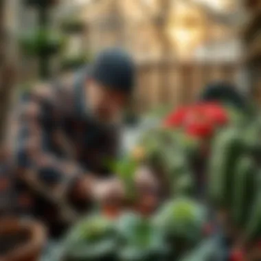 Gardener tending to winter plants with care